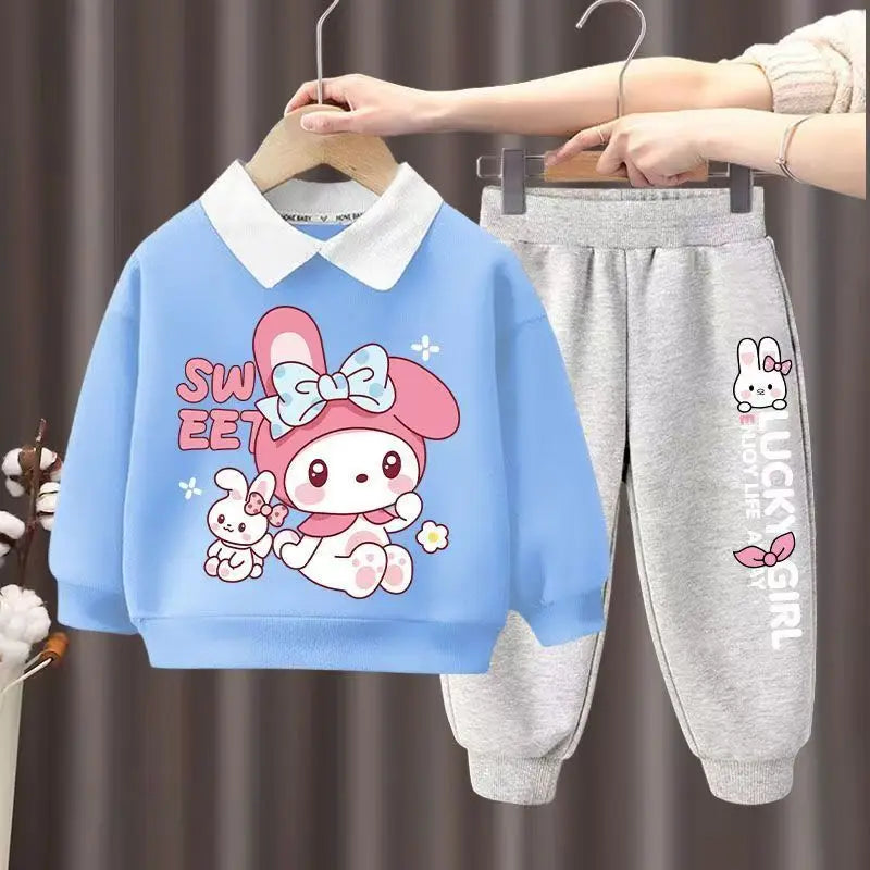Autumn Kid Girls Clothes Set Children Boy Lapel Cartoon Bear Printed Sweatshirts Pullover Top And Pants Bottom Suit Tracksuits