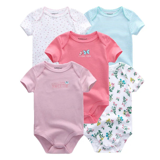 Summer 5 Piece Fashion Cartoon Boys and Girls Bodysuits 100% Cotton Soft Newborn Bodysuit Set