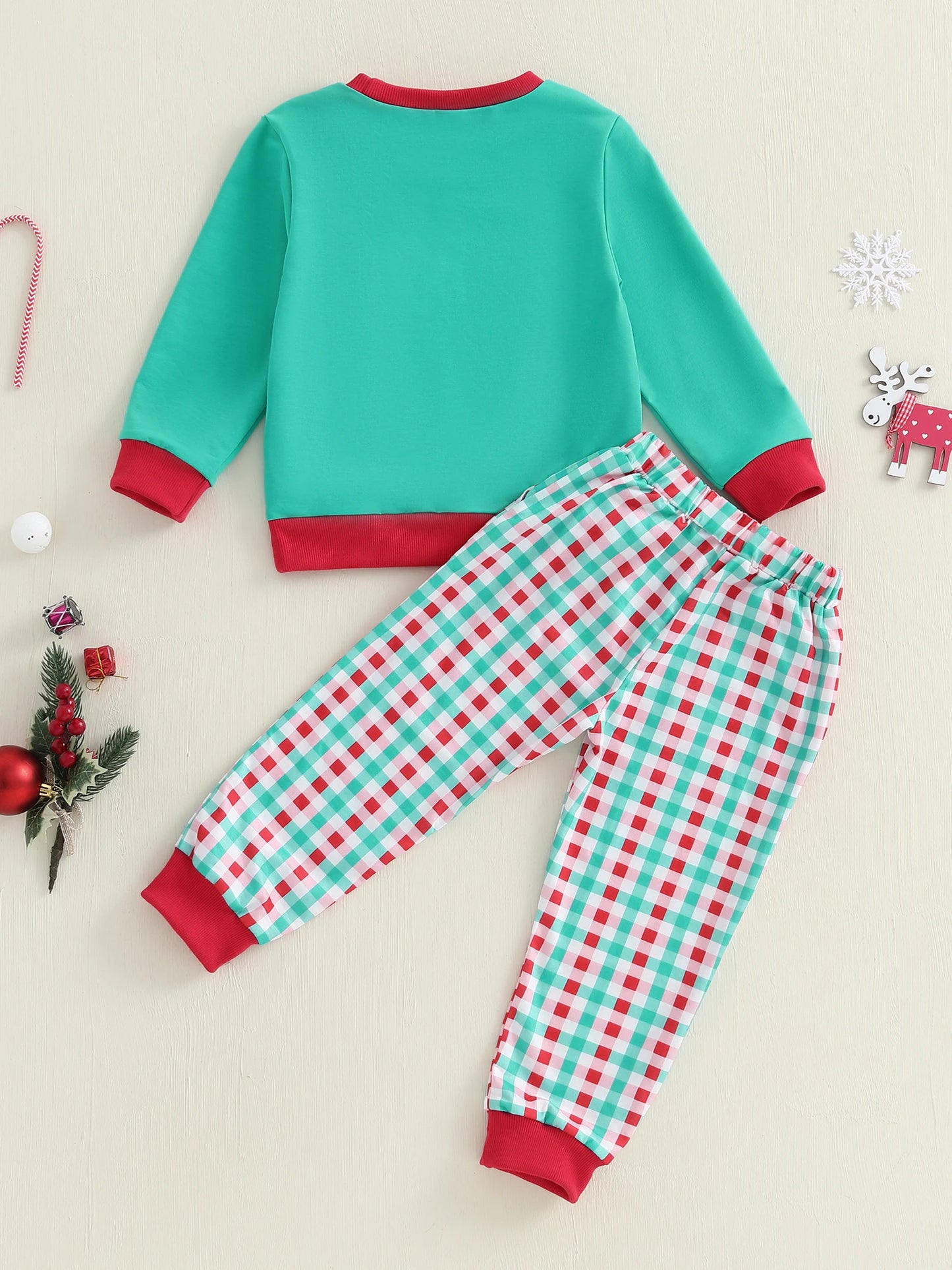 Children s Christmas Outfit Festive Long Sleeve Crew Neck Hoodie with Embroidered Reindeer and Matching Plaid Sweatpants Set