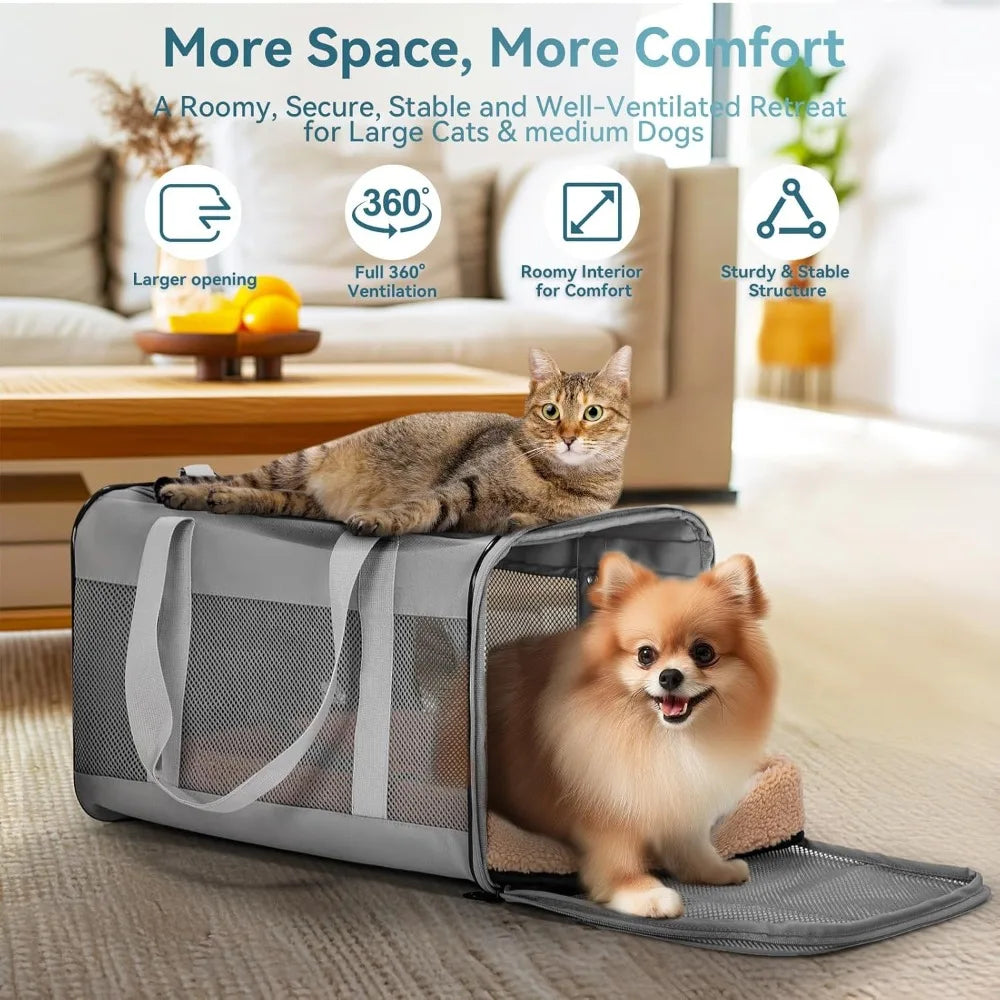 Travel Pet Carrier for Large Cats (up to 20 lbs), Soft-Sided Dog Car Travel Carrier with Patented Buckle and Soft Padding