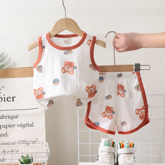 2025 New Kids Sleeveless Set Summer Cotton Girls' Shorts Pajamas Korean Style Boys' Tank Top Outfit Children Clothing Set