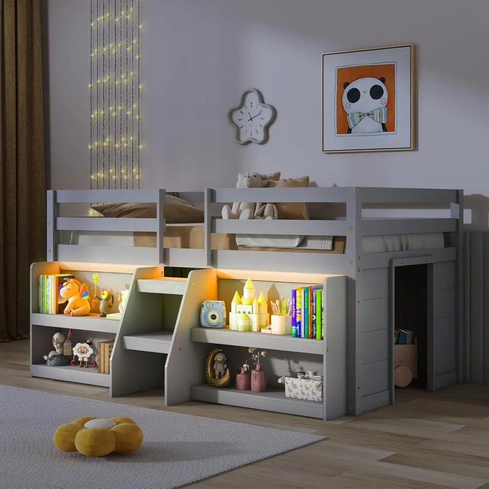 Low Loft Bed with LED Lights, Wooden Loft Bed Twin Size with Stairs & Safety Guardrail, Loft Bed for Kids with Storage