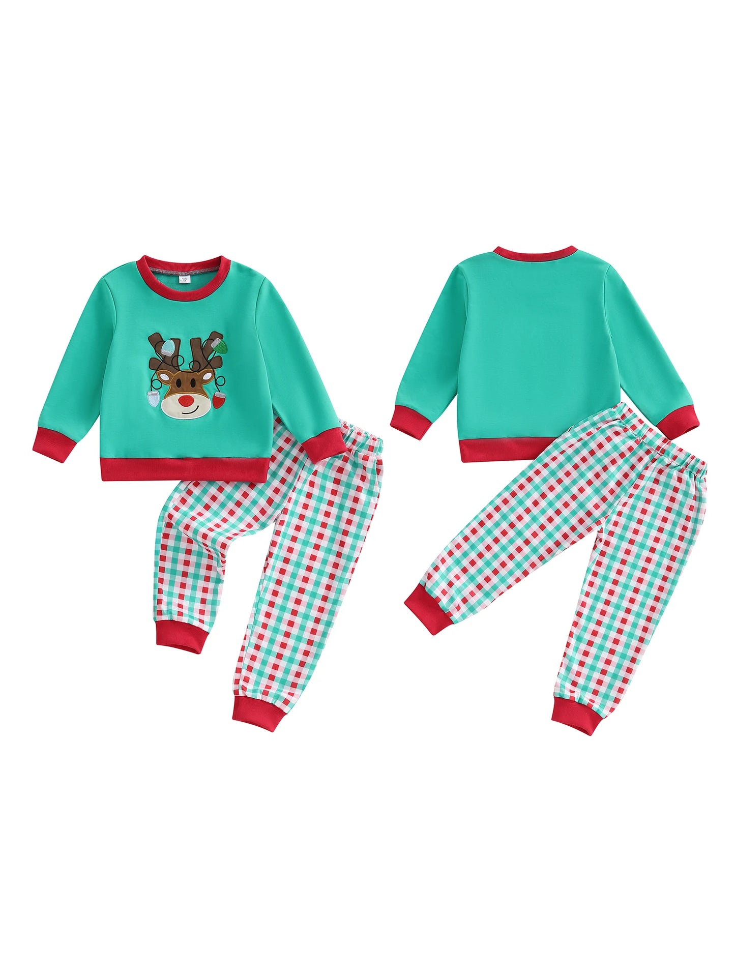 Children s Christmas Outfit Festive Long Sleeve Crew Neck Hoodie with Embroidered Reindeer and Matching Plaid Sweatpants Set