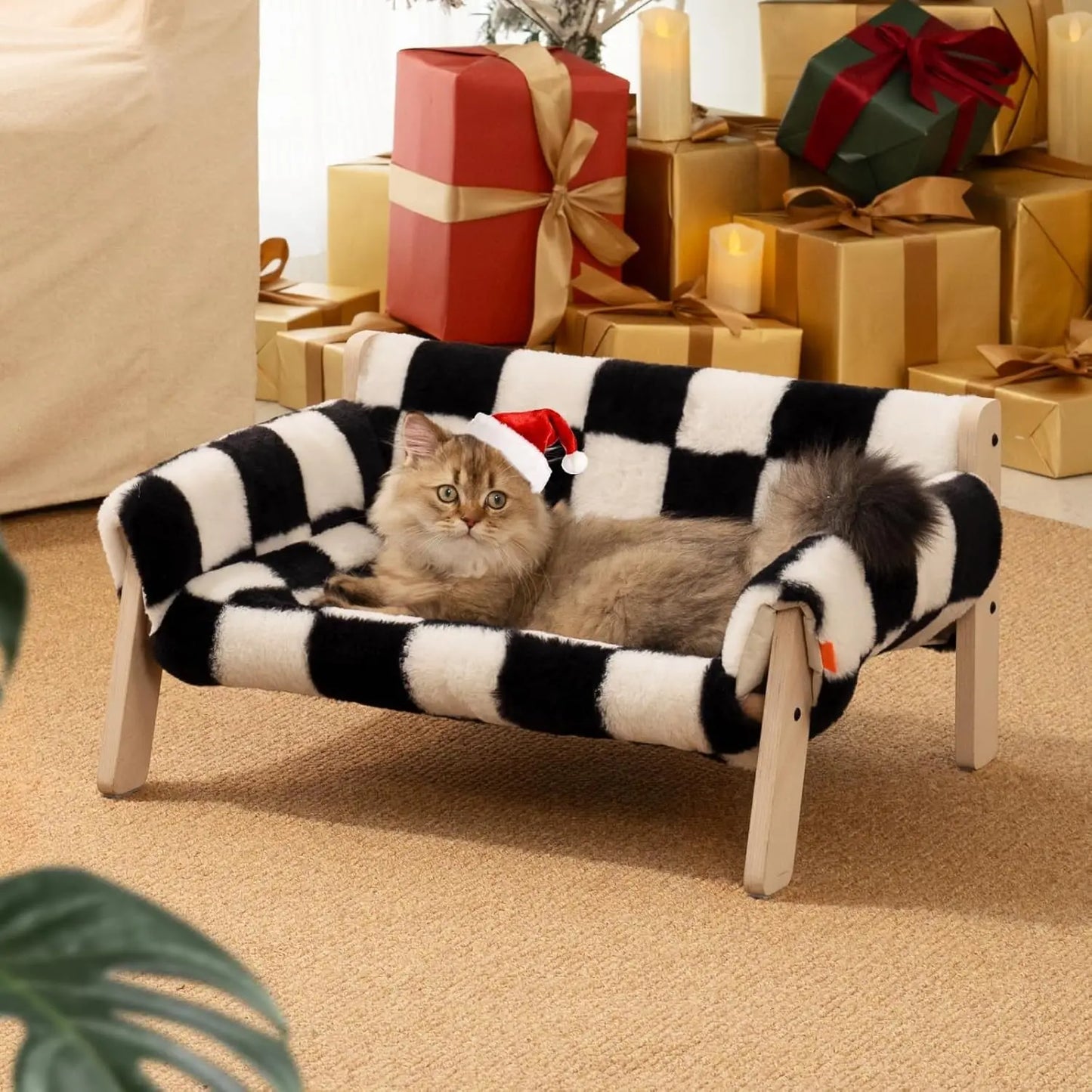 Cat Couch Bed Pet Sofa Wooden Indoor Elevated Cat Beds with Removable Mattress Cover Suitable for Animal Chessboard M