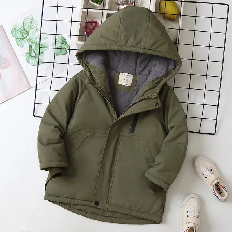 Autumn Winter Children Jacket For Boys Hooded Plus Velvet Thicken Warm Teenage Boy Outerwear Coat 4-14 Year Kids Parka