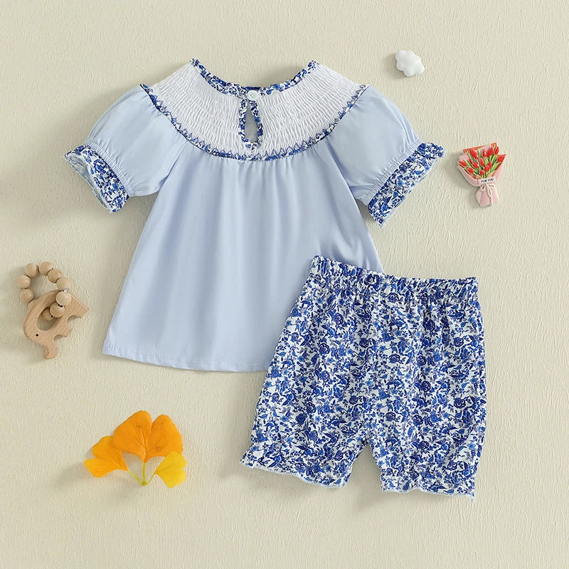 Girls Summer Outfit Sleeveless Ruffle Top with Denim Shorts Set Cute Floral Print Kids Clothing Set for Girls