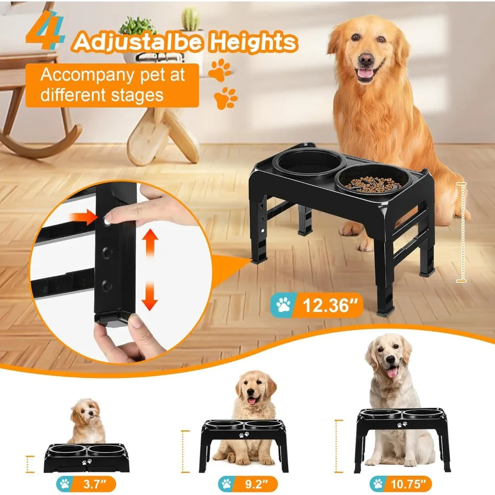 Elevated 2-in-1 Dog Feeder With Slow Feeder and Water Bowl, 4 Heights Adjustable Raised Stand, Non-Slip Food Bowl for Medium Lar