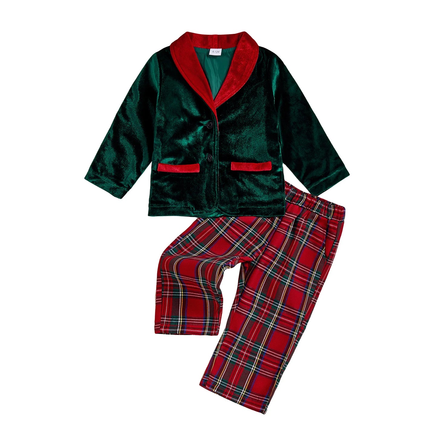 Toddler Christmas Outfit Set with Long Sleeve Button Up Jacket and Plaid Pants - 2 Piece Clothes for Baby Boy