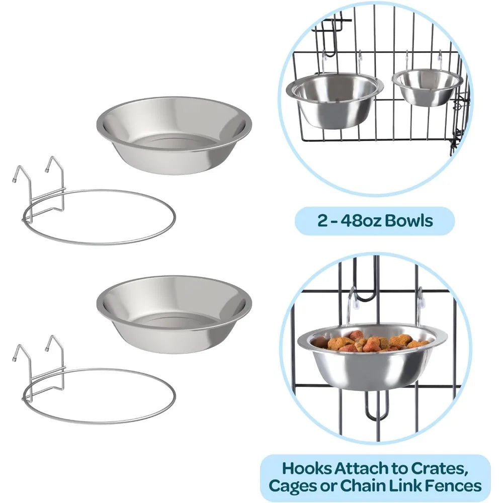 Set of 2 Stainless-Steel Dog Bowls - Cage, Kennel, and Crate Hanging Pet Bowls for Food and Water - 48oz Each and Dishwasher Saf