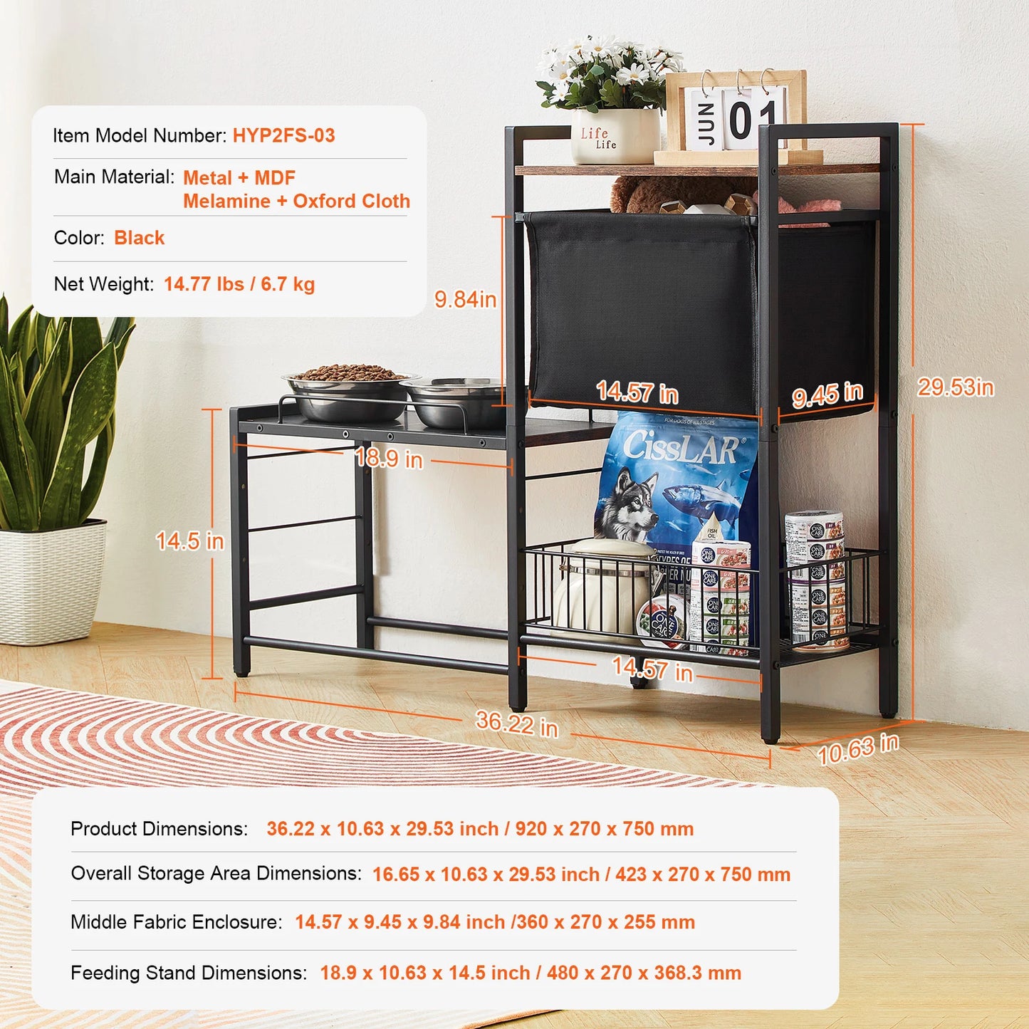 Pet Feeding Station with Storage Elevated Dog Bowls Raised Dog Bowl Stand w/ Storage Shelves Pet Toy Storage Organizer