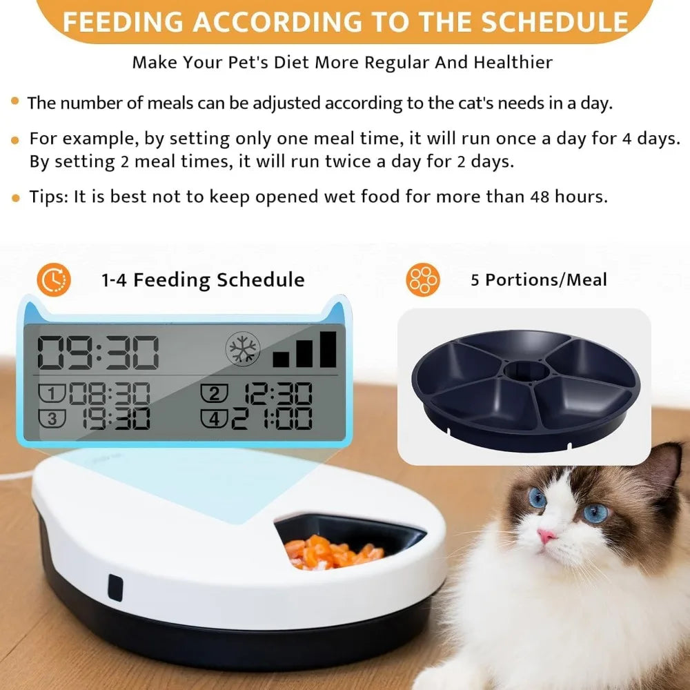 UBPET Cat Wet Food Automatic Feeder with Cooling, Semiconductor Refrigeration, with Timer, 5 Food Compartments for 330g Pet Food