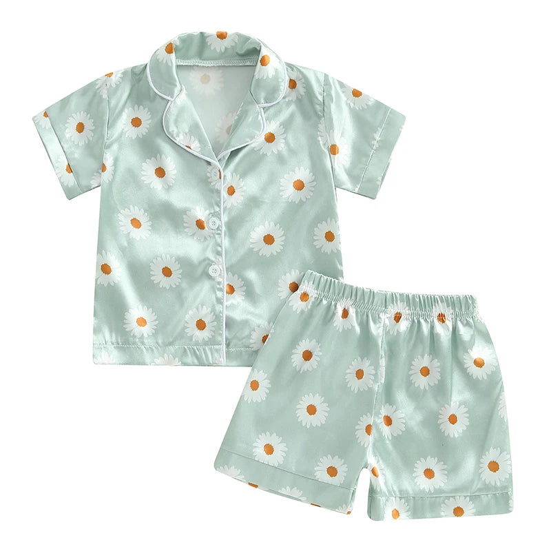 Unisex Summer Silk Pajama Set with Tropical Print Short Sleeve Lapel Button Down Shirt and Matching Shorts for Loungewear