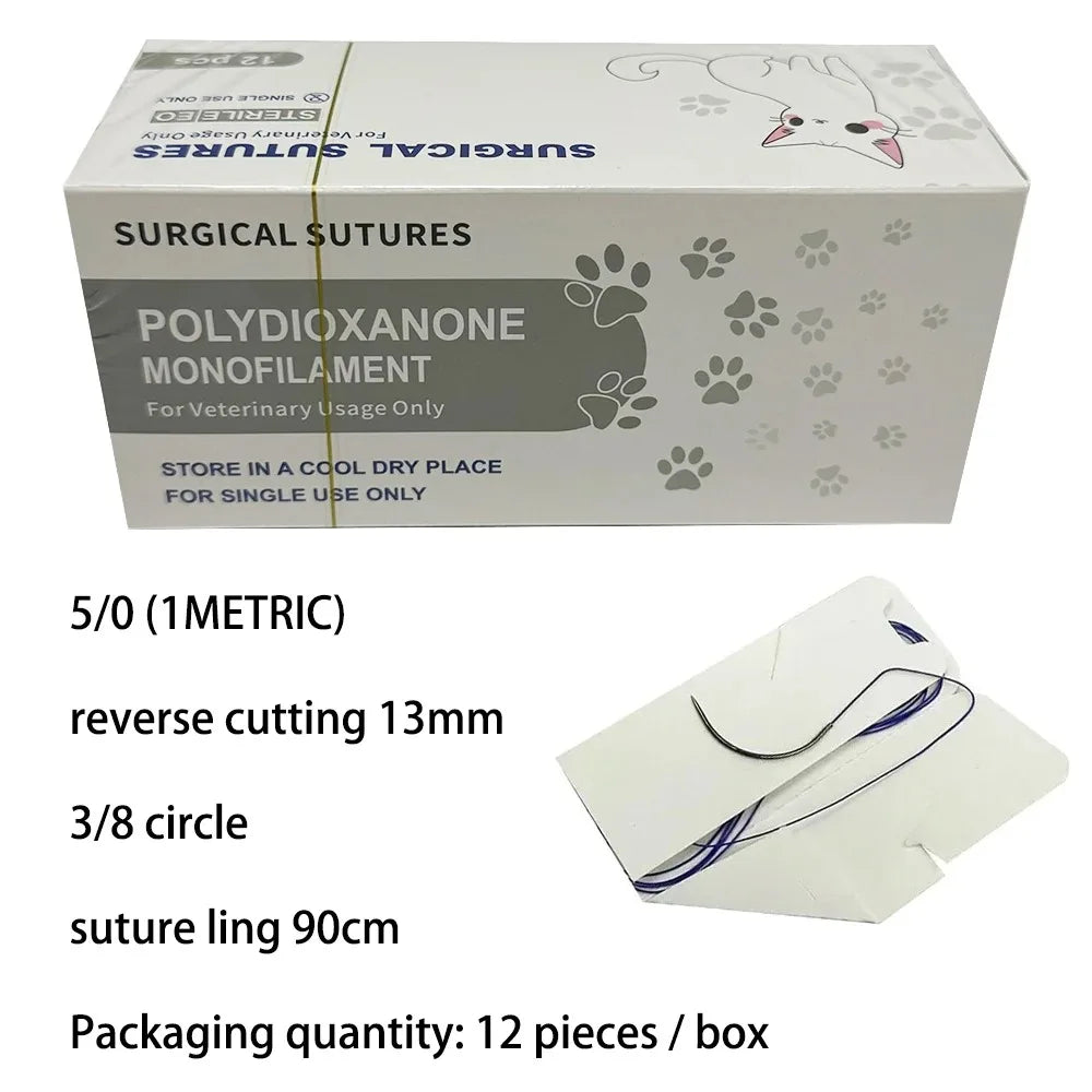 12pcs Pet Specific PDO 3/8 Circle 90CM With Needle 2/0 3/0 4/0 5/0 round bodied / reverse cutting Animal Cat Dog Pet Care Room