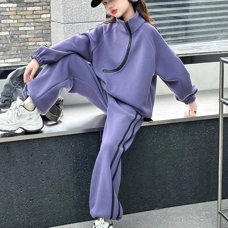 Top & Pants 2-Piece Set Fleece-lined Sweatshirt Girls Winter Clothing Girls' Autumn Clothes Korean Children's 2025 Wear Girl Two