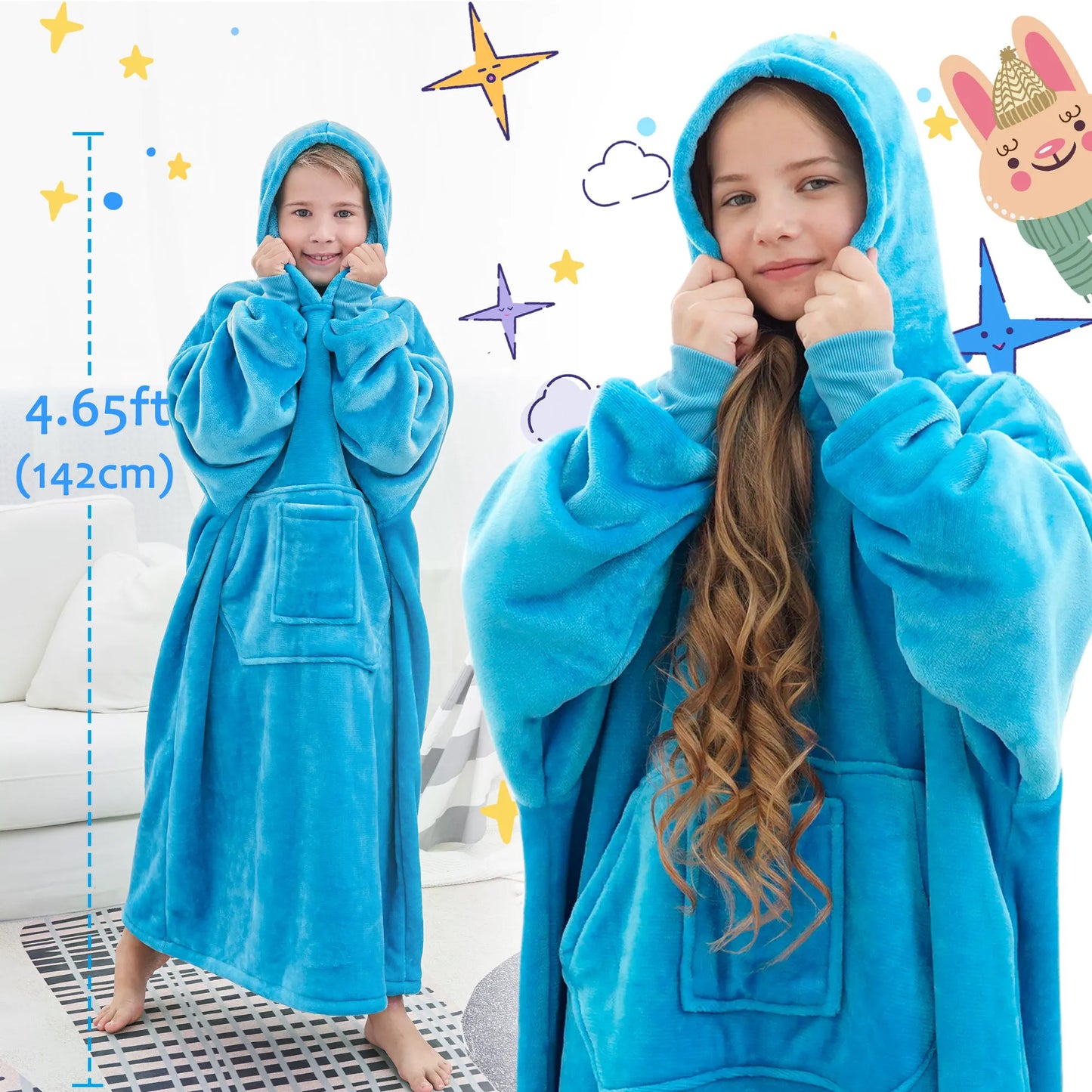 Winter children's large-sized pullover pajamas, with thick and fluffy lining, featuring pockets and sleeves, very comfortable
