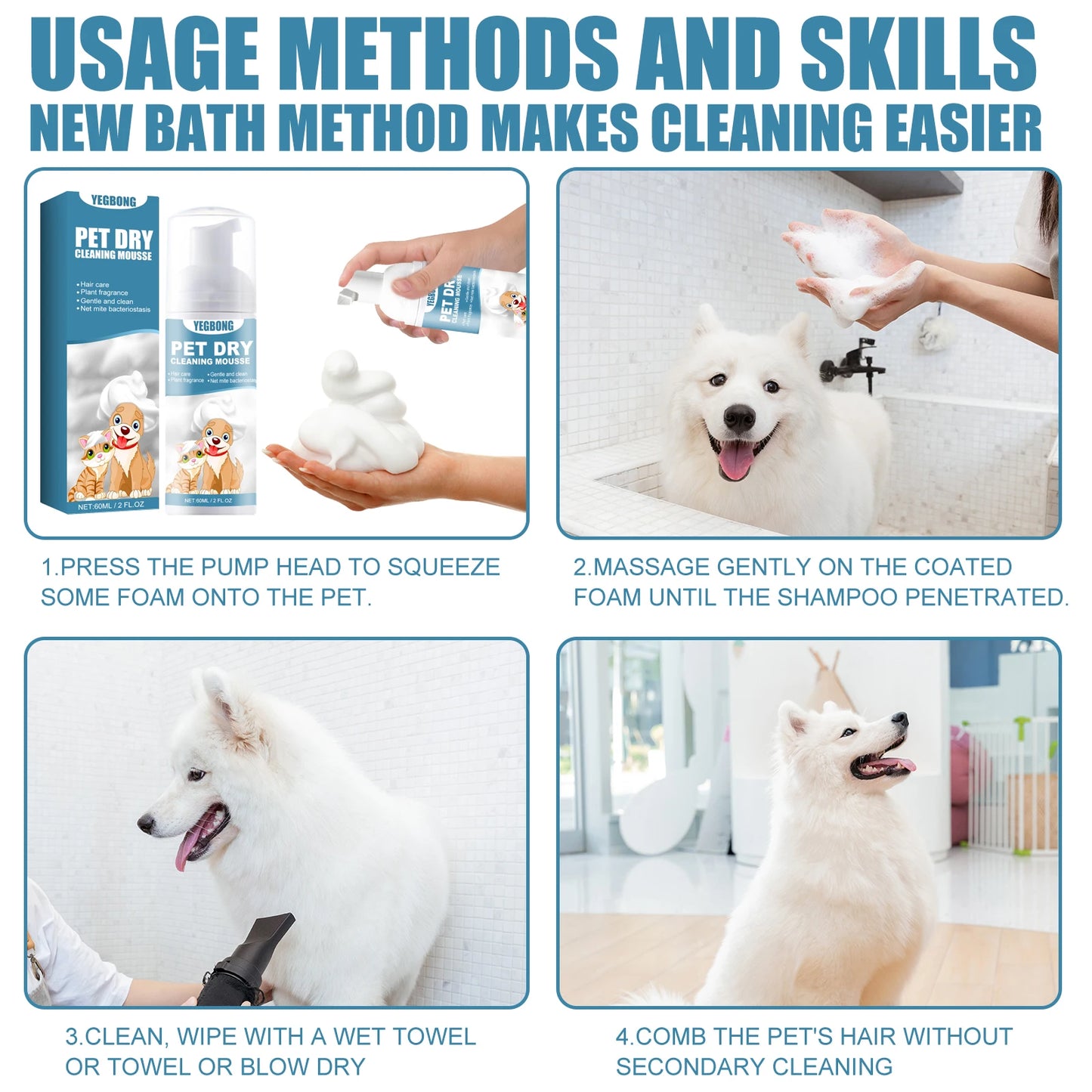 Pet Dry Shampoo Gentle Odor Neutralizing Hair Softening No Rinse Vet Recommended for Puppies Kittens Sensitive Skin