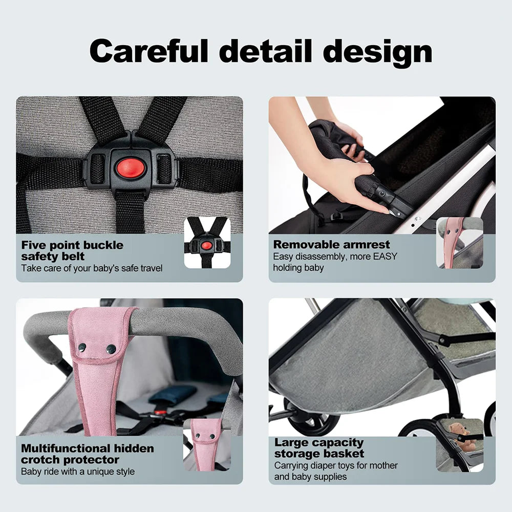Lightweight Baby Stroller, Compact Toddler Travel Stroller For Airplane, Infant Stroller W/ 5-Point Harness, Adjustable Backrest