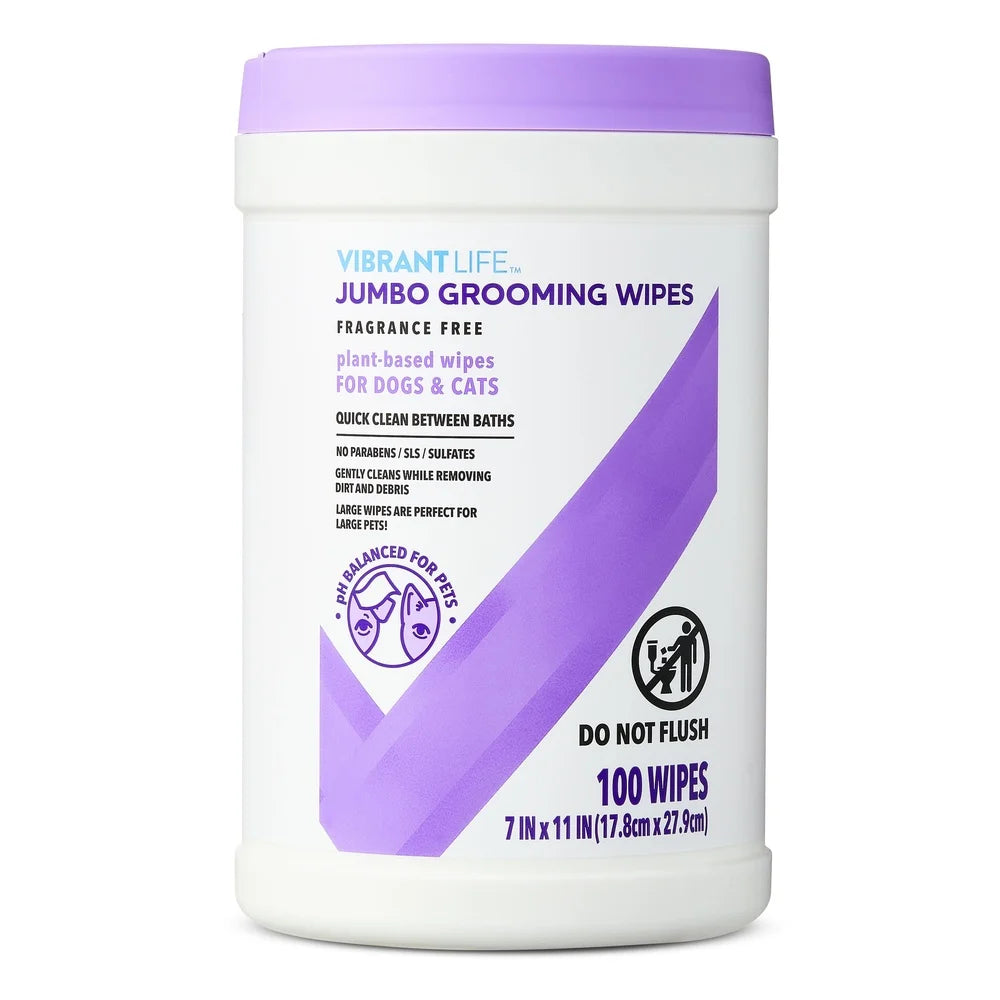 Jumbo Grooming Wipes Dogs and Cats Fragrance Free 100 Pre-Moistened Wipes Large Size Safe Cleansing Deodorizing Between Baths