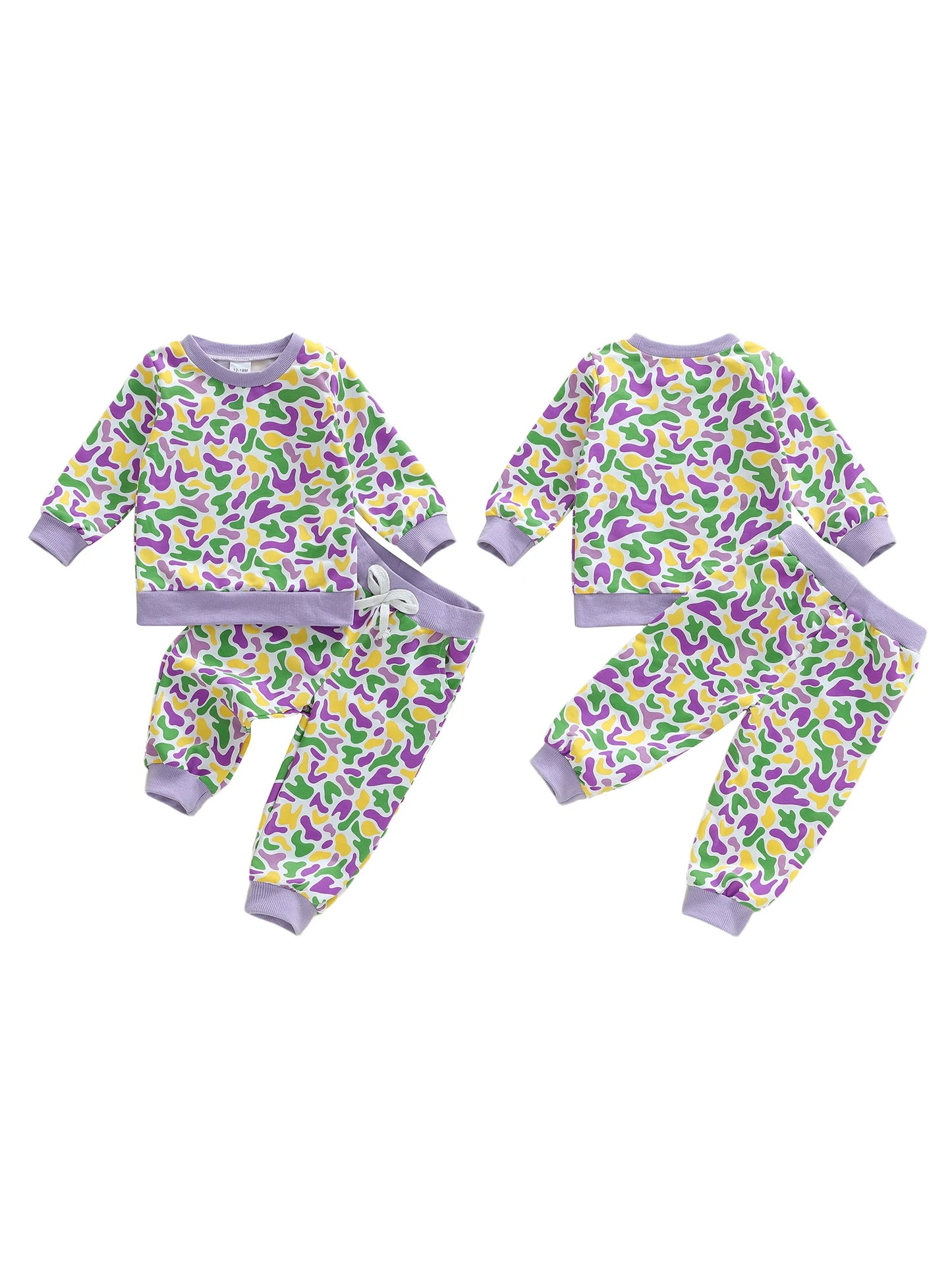Toddler Baby Mardi Gras Outfit Fashionable Camouflage Long Sleeve Pullover with Pants 2Pcs Clothing Set