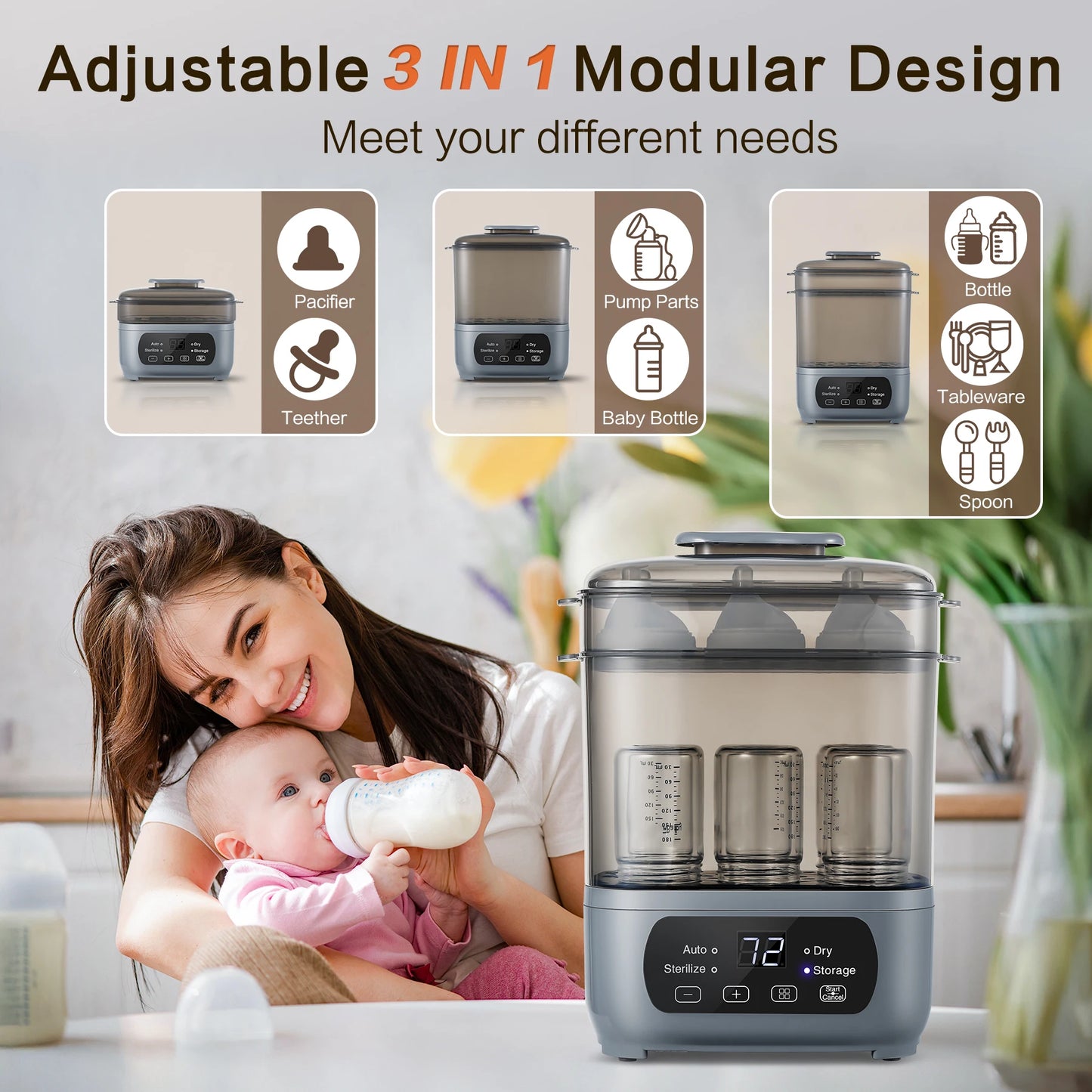 4-in-1 72H Storage, 30-Min Dry, 6 Bottles + Accessories,99.99% Germ-Free‌ Baby Bottle Sterilizer & Dryer