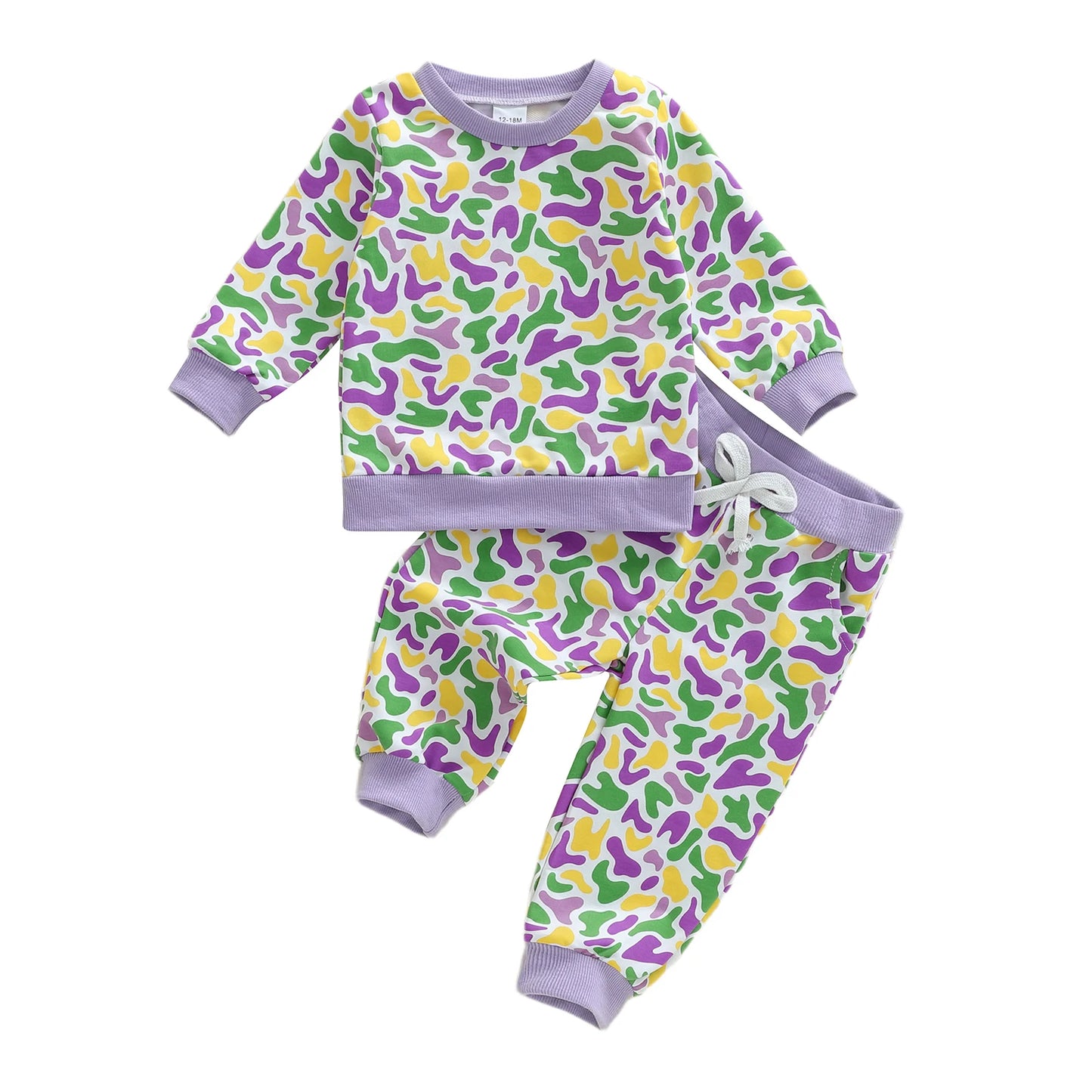 Toddler Baby Mardi Gras Outfit Fashionable Camouflage Long Sleeve Pullover with Pants 2Pcs Clothing Set