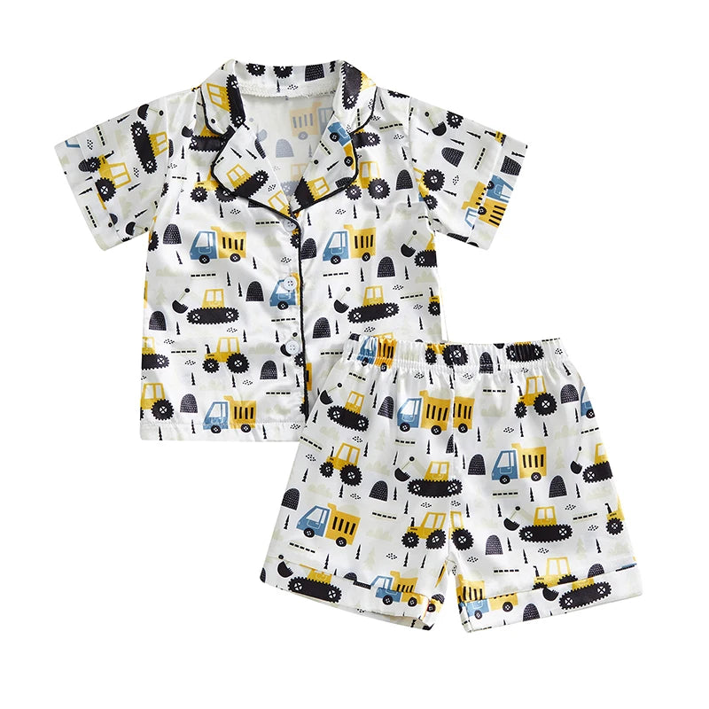 Unisex Summer Silk Pajama Set with Tropical Print Short Sleeve Lapel Button Down Shirt and Matching Shorts for Loungewear