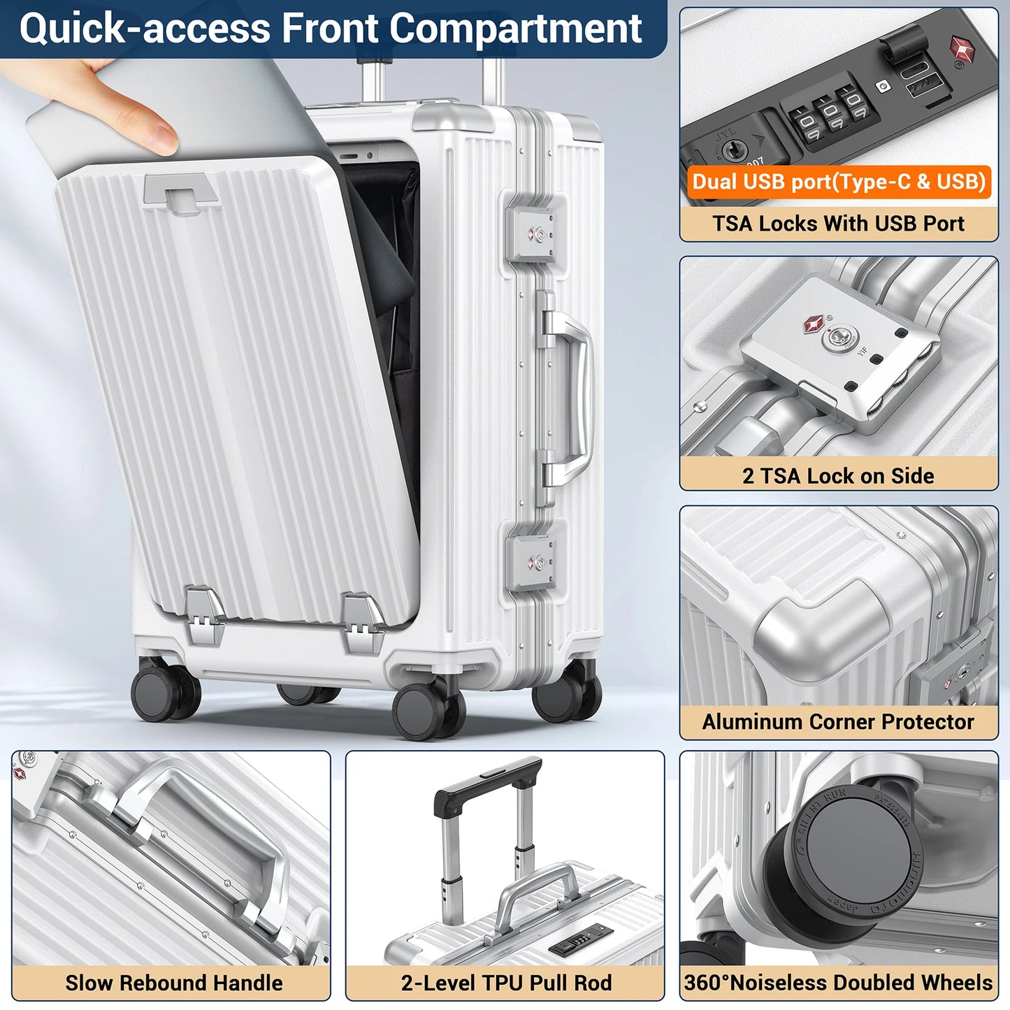 Airline Approved 22 inch Carry On Luggage,Aluminum Framed Carry On Suitcase with Front Open Laptop Compartment/Pocket