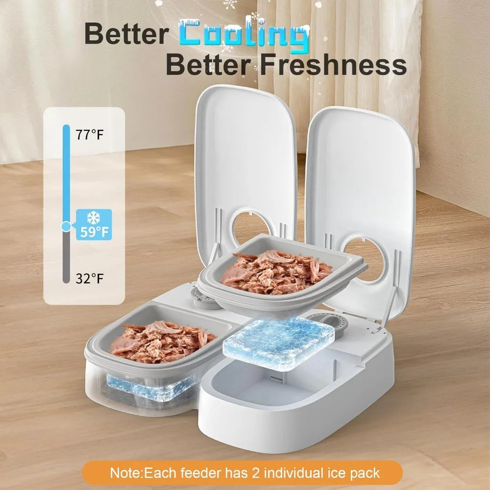 Automatic 2-Meal Cat Feeder - 48H Timed Wet Cat Food Refrigerated Dispenser with 2 Ice Packs for Puppies and Kittens in Yogurt a