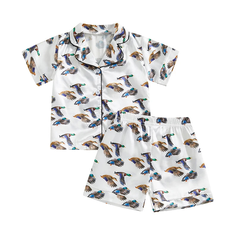 Unisex Summer Silk Pajama Set with Tropical Print Short Sleeve Lapel Button Down Shirt and Matching Shorts for Loungewear