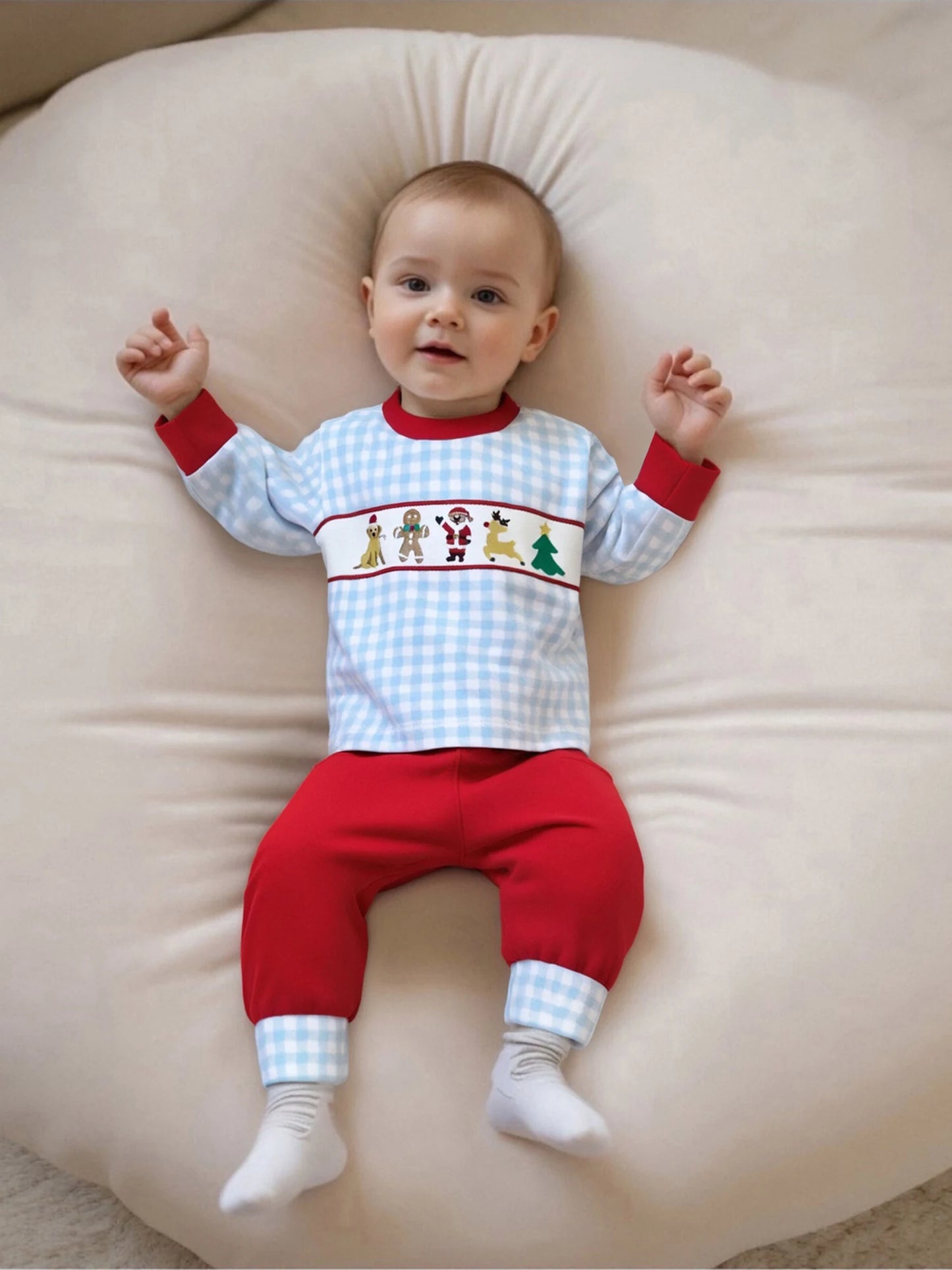 Kids 2-Piece Christmas Pajama Set with Long Sleeve Embroidered Top and Pants for Boys Sleepwear Outfit