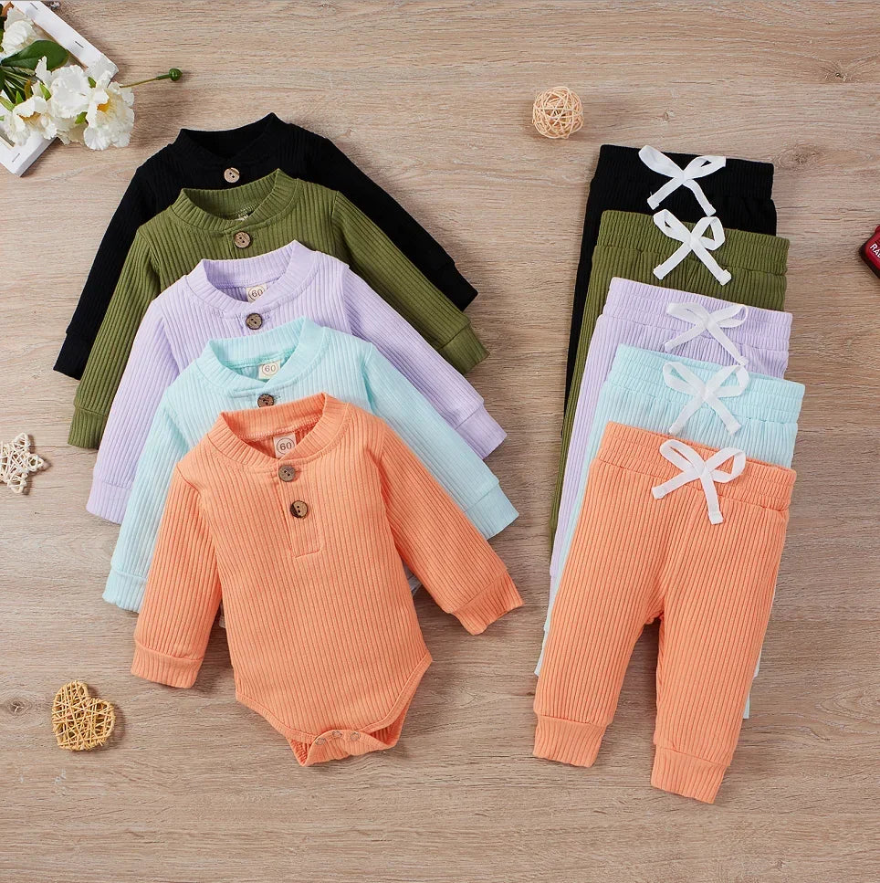 Spring Autumn Newborn Infant 2PCs Clothes Set for Boys & Girls Ribbed/Plaid/Solid Long Sleeve Bodysuit + Elastic Pants