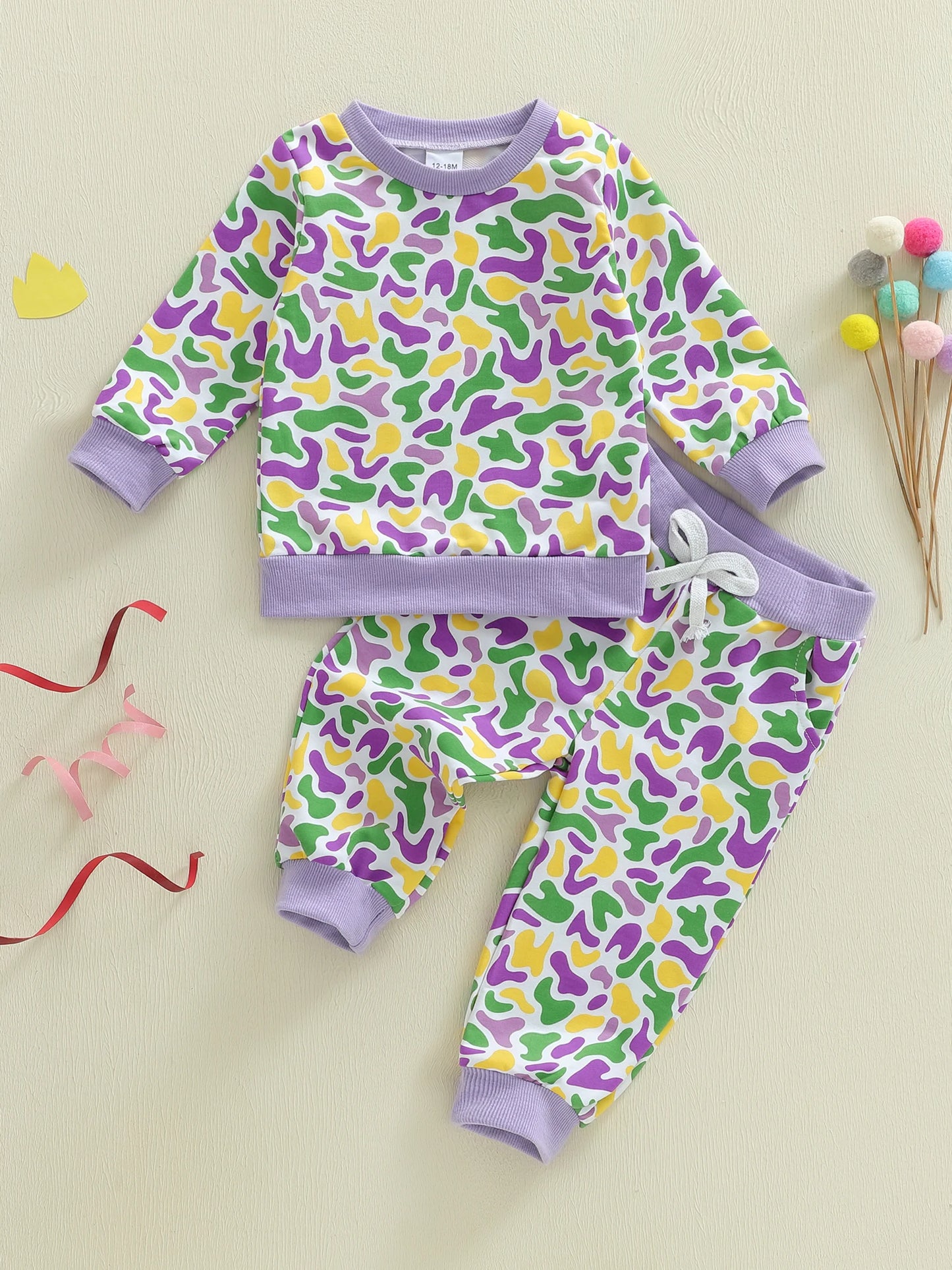 Toddler Baby Mardi Gras Outfit Fashionable Camouflage Long Sleeve Pullover with Pants 2Pcs Clothing Set