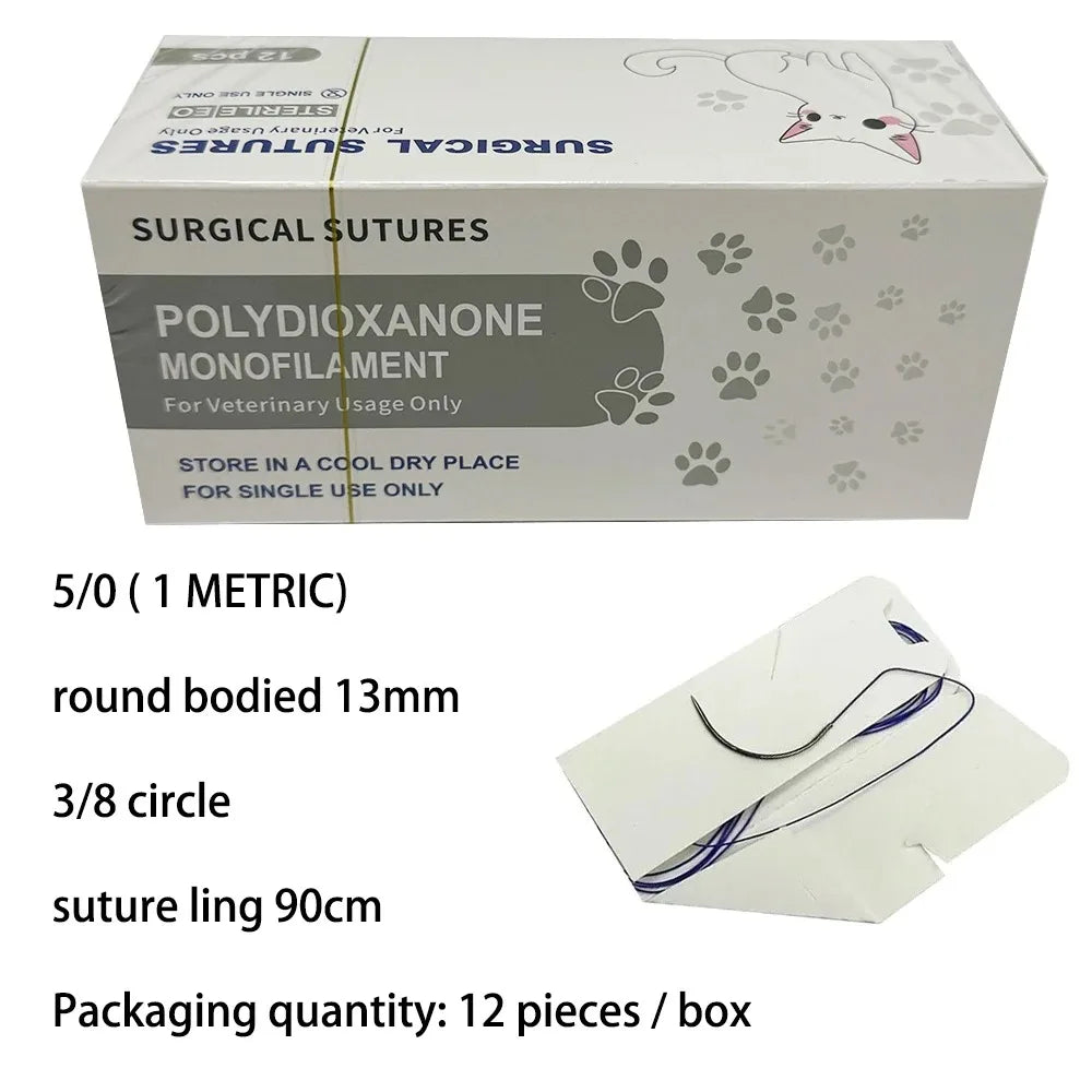 12pcs Pet Specific PDO 3/8 Circle 90CM With Needle 2/0 3/0 4/0 5/0 round bodied / reverse cutting Animal Cat Dog Pet Care Room