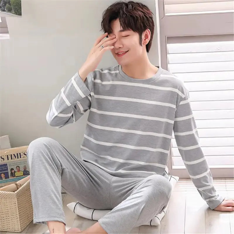 2Pcs/set men's pajamas set of large size long-sleeved long trousers autumn and winter students home clothing round neck autumn m