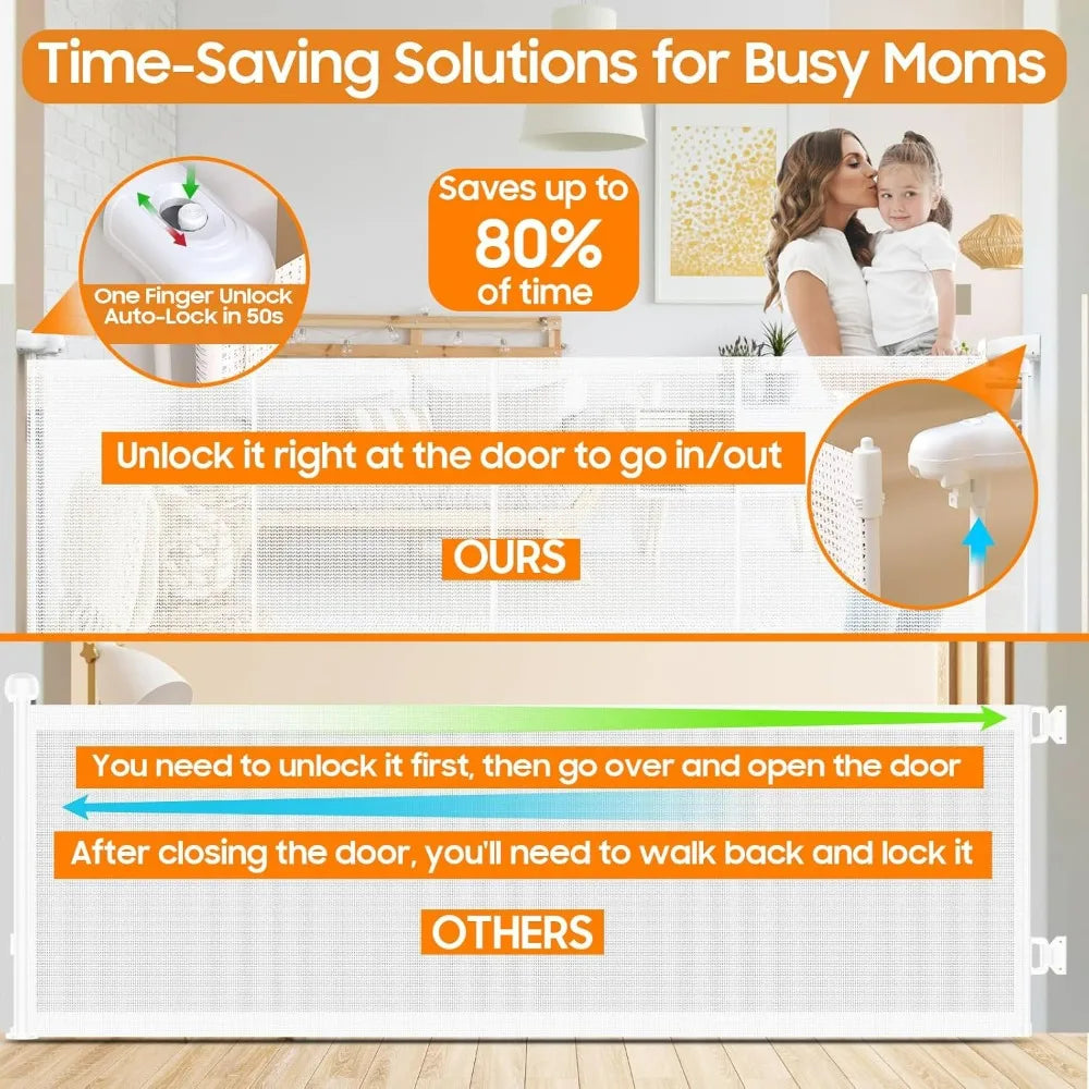 Extra Wide and Tall Retractable Baby and Dog Gate with Mesh and Support Rods for Child Safety