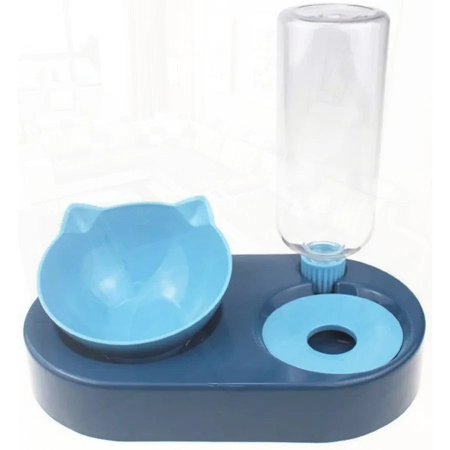 Portable Pet Bowl and Automatic Water Feeder Set 2 in 1 Food Bowl Dish with Water Dispenser Bottle Tilted