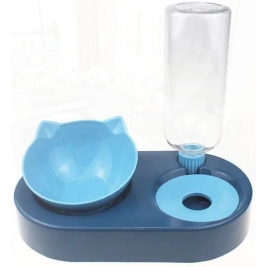 Portable Pet Bowl and Automatic Water Feeder Set 2 in 1 Food Bowl Dish with Water Dispenser Bottle Tilted