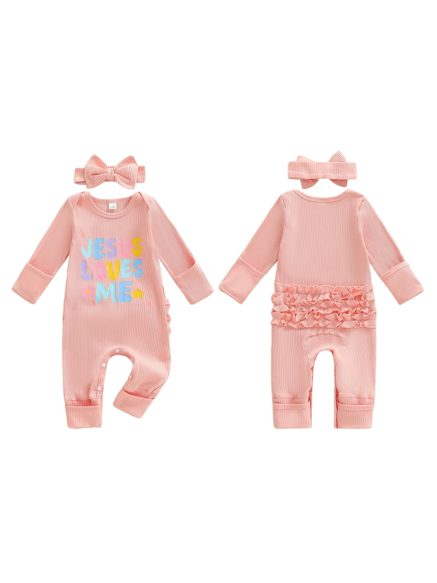 Christianity Baby Girls 3 Piece Set Long Sleeve Round Neck Letter Print Ribbed Jumpsuit with Bow Headband and Socks