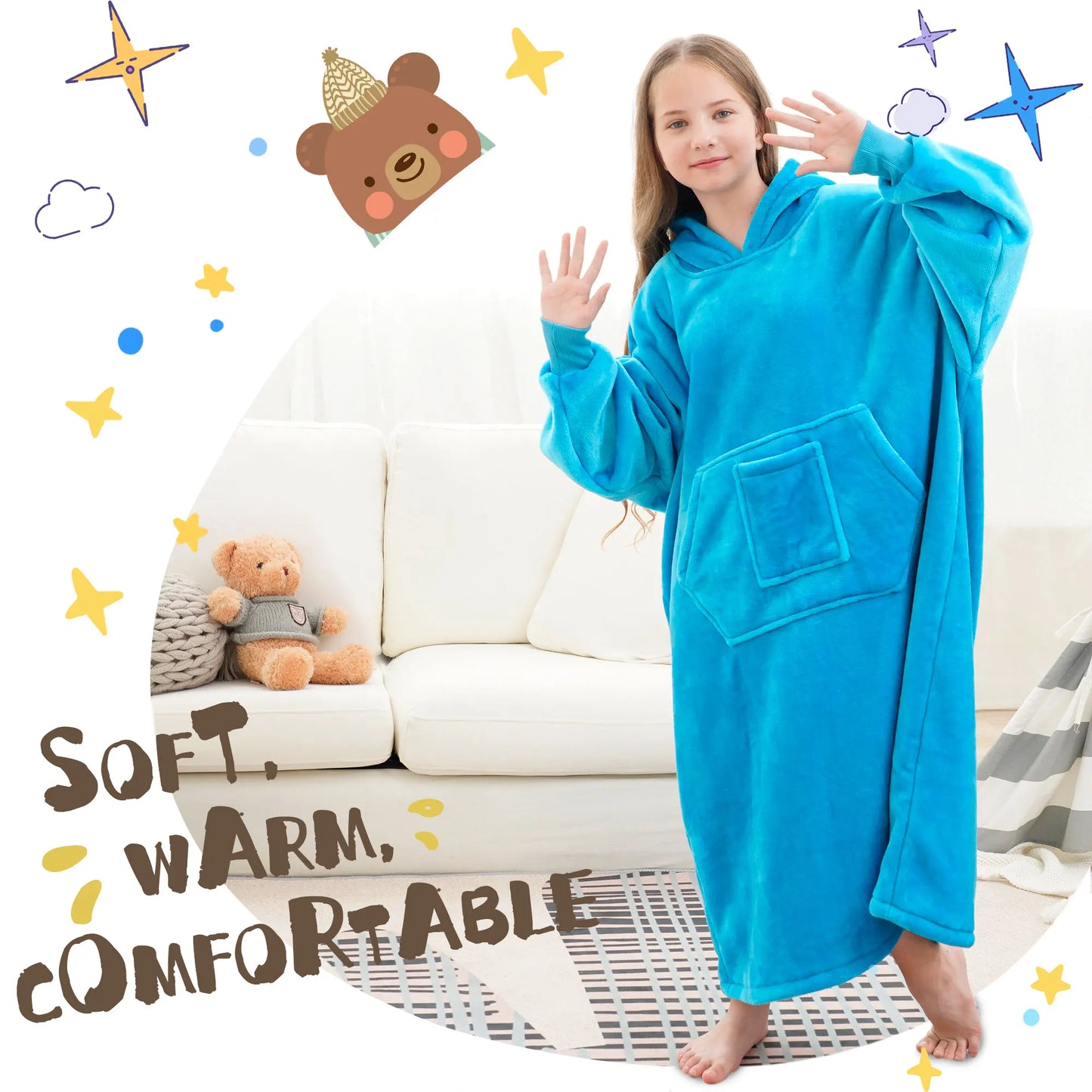 Winter children's large-sized pullover pajamas, with thick and fluffy lining, featuring pockets and sleeves, very comfortable
