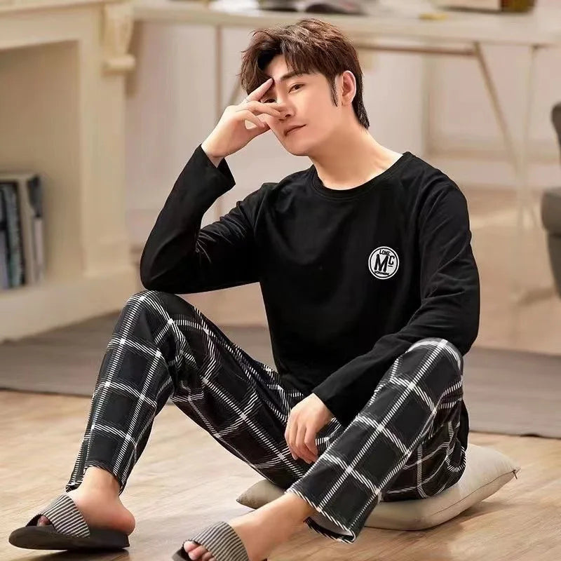 2Pcs/set men's pajamas set of large size long-sleeved long trousers autumn and winter students home clothing round neck autumn m