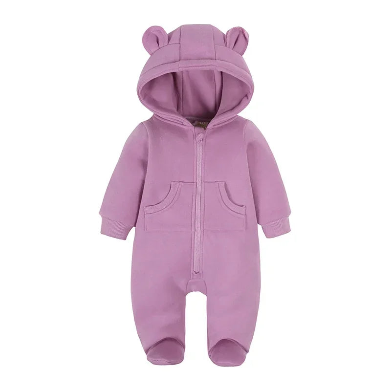 2024 Newborn Baby Winter Warm Romper Solid Pocket Hooded Bear Thick Clothes 0-24M Infant  Boy Girl Outfits Bodysuit