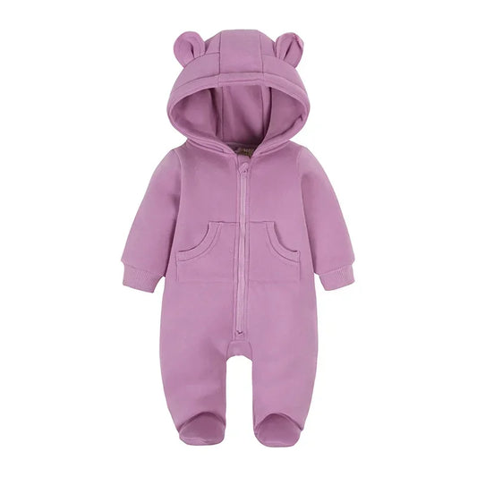 2024 Newborn Baby Winter Warm Romper Solid Pocket Hooded Bear Thick Clothes 0-24M Infant  Boy Girl Outfits Bodysuit