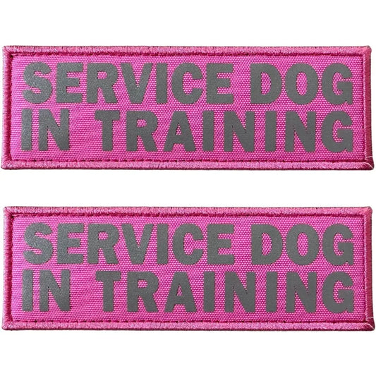 Pink Reflective Dog Patches 2 Pack Service Dog in Training DO NOT PET Tags with Hook and Loop Patches for Vests and Harnesses P