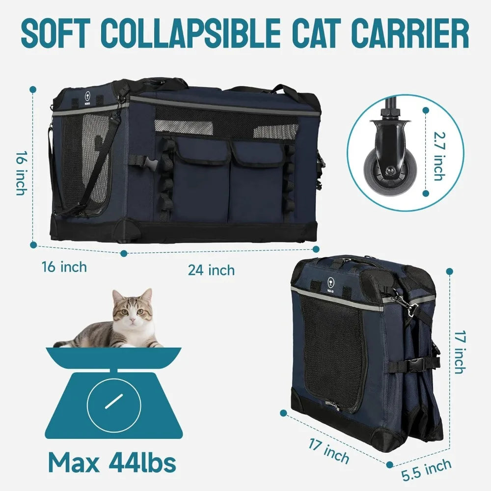 Foldable Cat Carrier with Removable Wheels – Large Pet Travel Carrier for Cats & Small Dogs, Breathable & Sturdy for Car