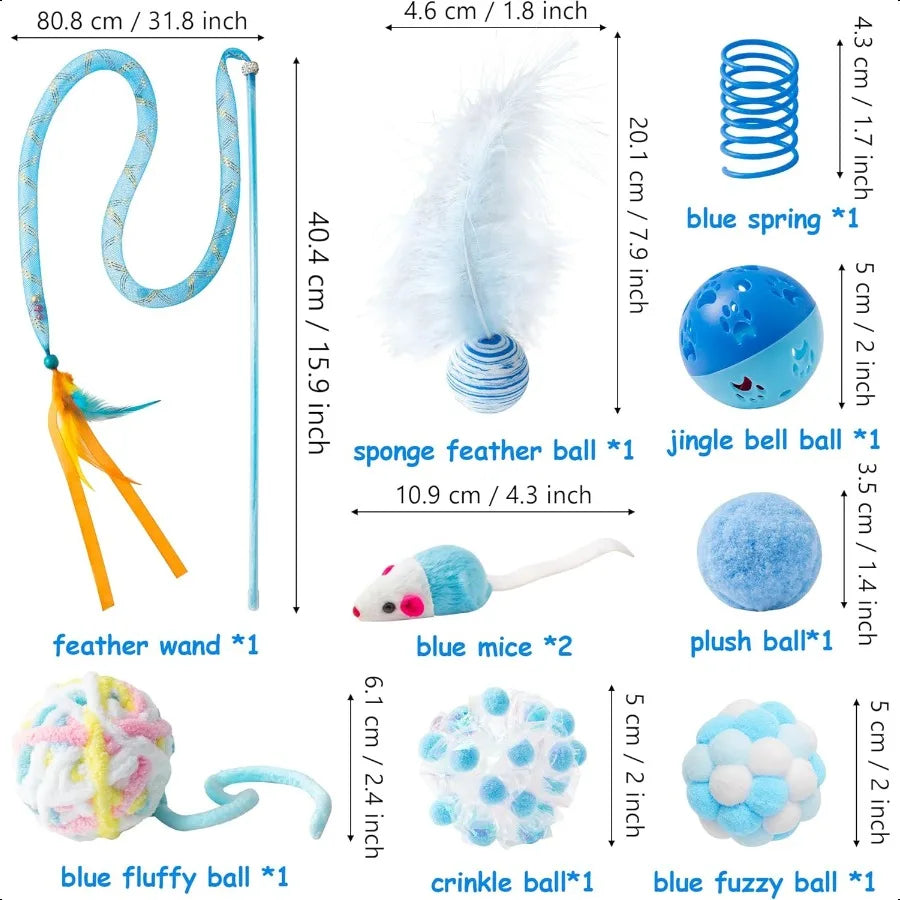10Pcs Cat Toy Set Including Cat Springs Feather Teaser Wand Mice Crinkle Balls and Pet Bell Balls Puzzle Interactive Pet Gift P