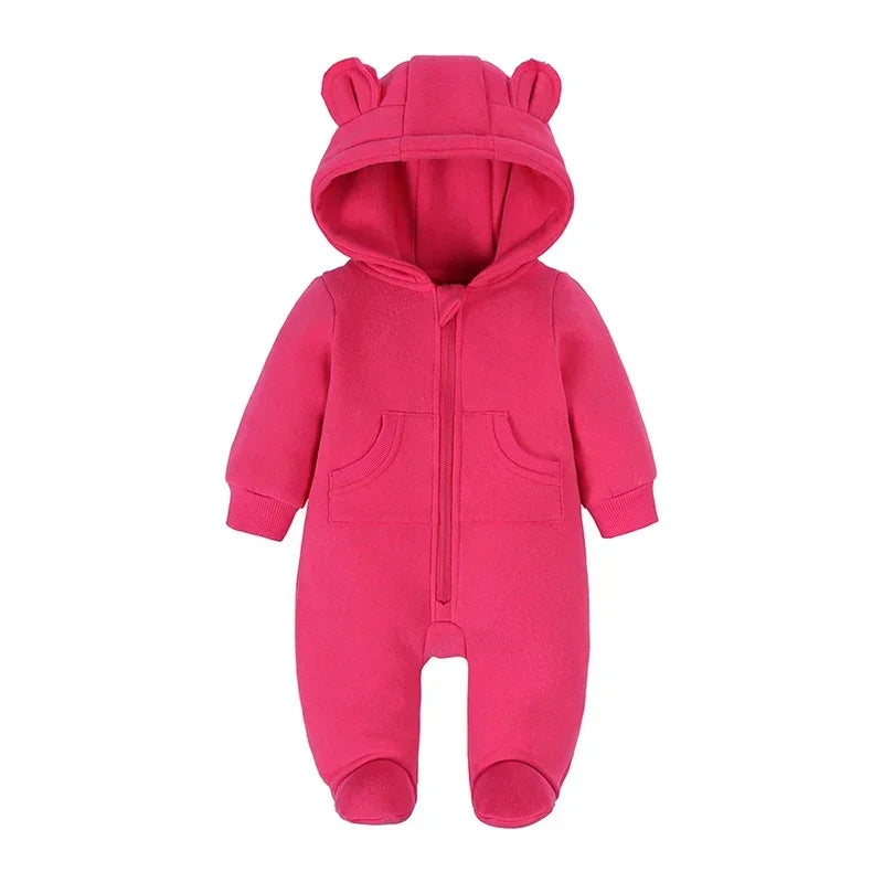 2024 Newborn Baby Winter Warm Romper Solid Pocket Hooded Bear Thick Clothes 0-24M Infant  Boy Girl Outfits Bodysuit