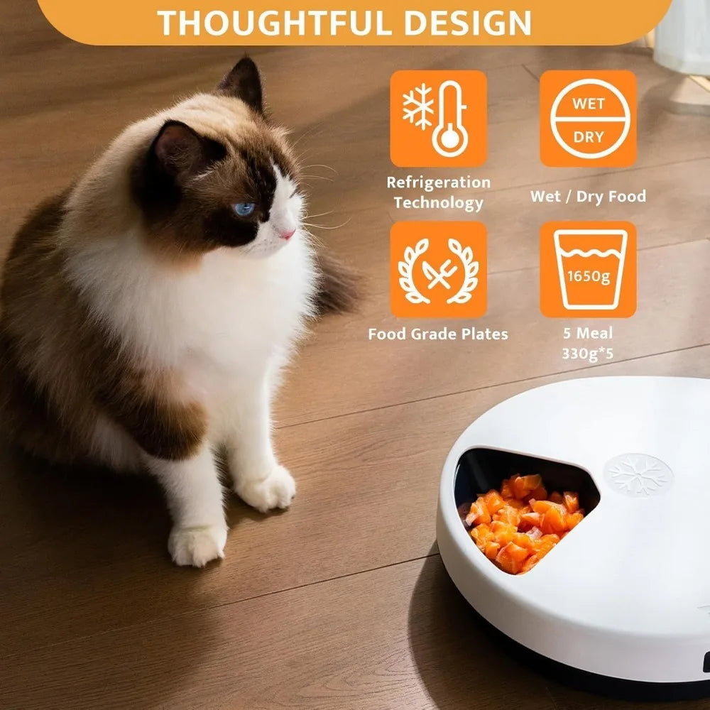 UBPET Cat Wet Food Automatic Feeder with Cooling, Semiconductor Refrigeration, with Timer, 5 Food Compartments for 330g Pet Food