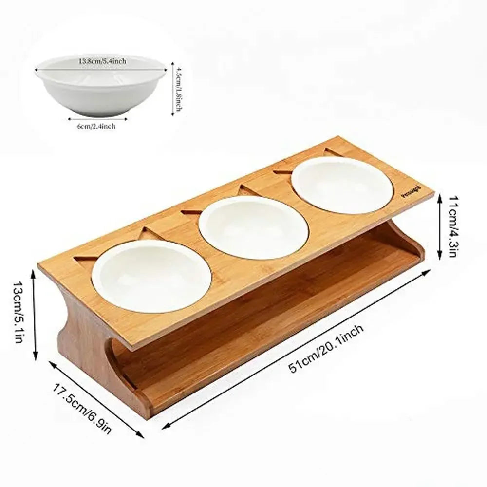 Elevated Cat Bowls with Bamboo Stand Bone China & Stainless Steel Pet Dining Table Cats Dogs Kitten Puppy Raised Slope Oblique