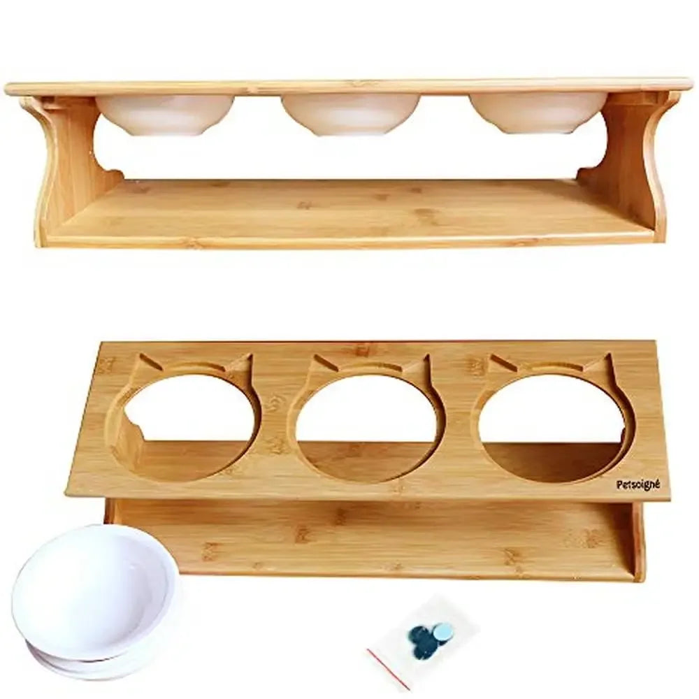 Elevated Cat Bowls with Bamboo Stand Bone China & Stainless Steel Pet Dining Table Cats Dogs Kitten Puppy Raised Slope Oblique