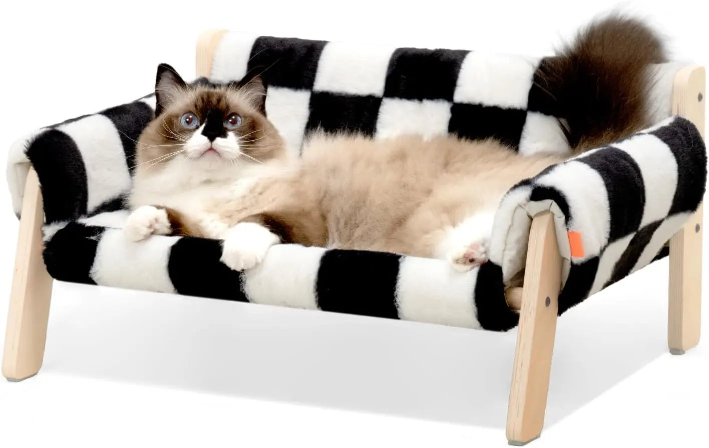 Cat Couch Bed Pet Sofa Wooden Indoor Elevated Cat Beds with Removable Mattress Cover Suitable for Animal Chessboard M